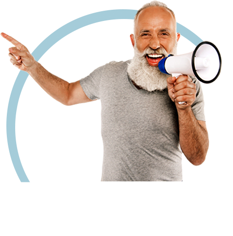 Man with a megaphone pointing at the details box